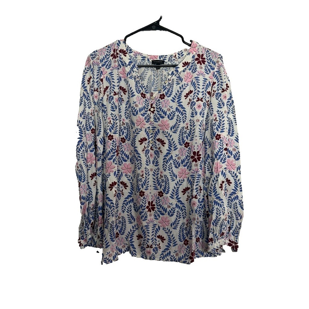 Talbots Long Sleeve Half Button V-Neck Floral Tunic Blouse L  Summer Lightweight